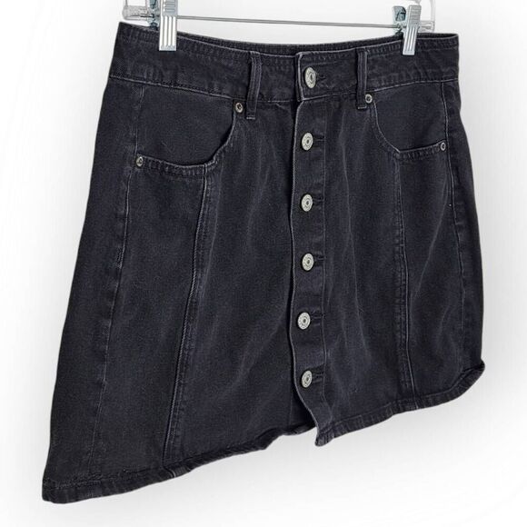 American Eagle Women's Hi Rise A Line Skirt Black Denim Button Fly size 8 - Picture 2 of 6